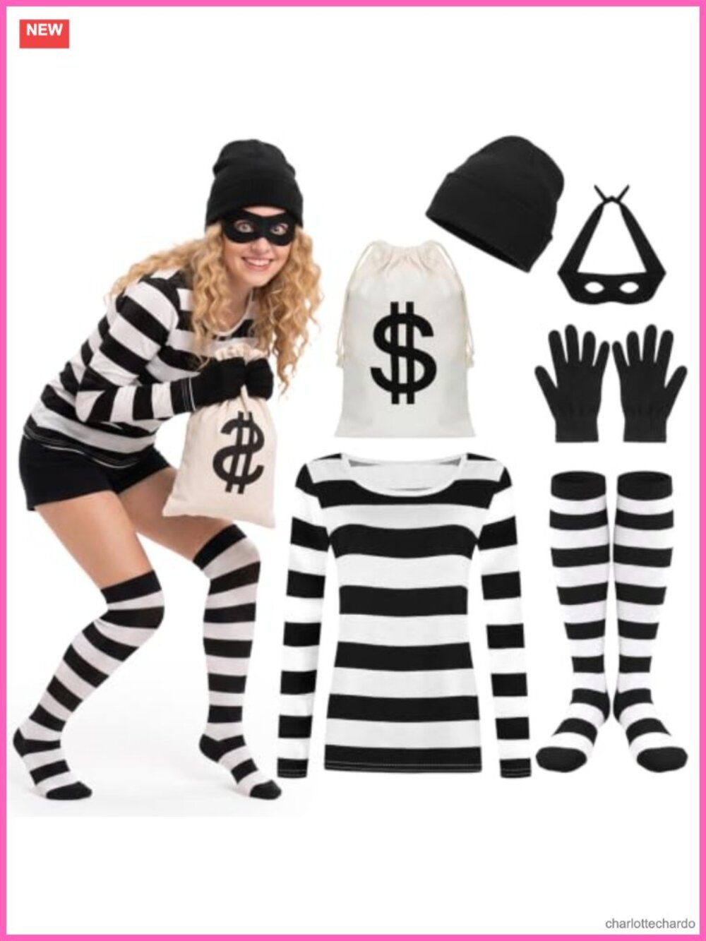 6 Piece Women's Burglar Halloween Costume Set Striped Top Socks Gloves Mask